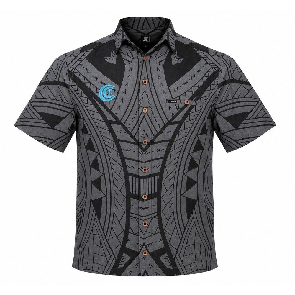 Tanoa Hawaii XL Polynesian Tapa Aloha Shirt Gray Black 100% Cotton Button Up